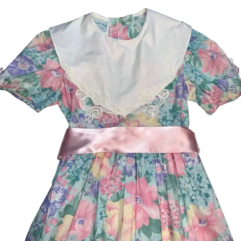 Vintage Floral  girls cottagecore dress  10 pink ribbon white lace collar